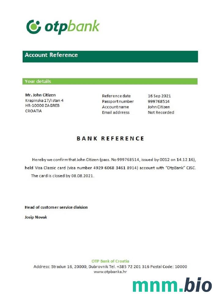 Chorwacja otpbank zamknięcie przykład odniesienia w formatach Word i PDF